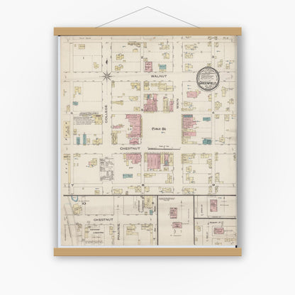 Old map wall art mockup — magnetic wood frame on white wall — Sanborn Fire Insurance Map from Greenfield, Greene County, Illinois (1885), Sheet #0001