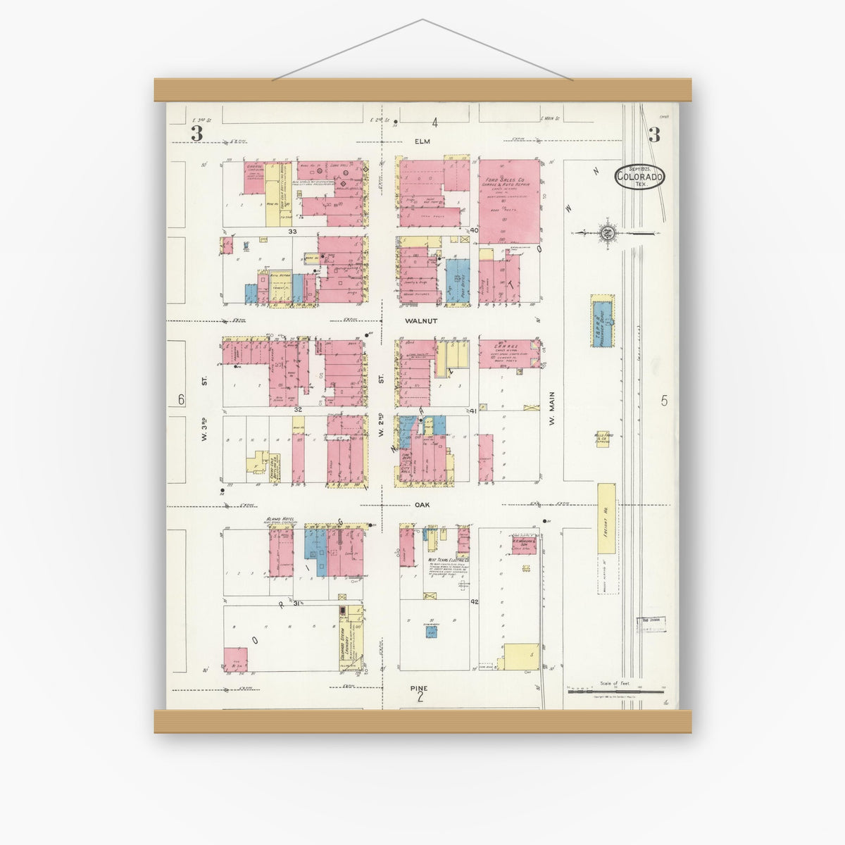 Old map wall art mockup — magnetic wood frame on white wall — Sanborn Fire Insurance Map from Colorado, Mitchell County, Texas (1925), Sheet #0003