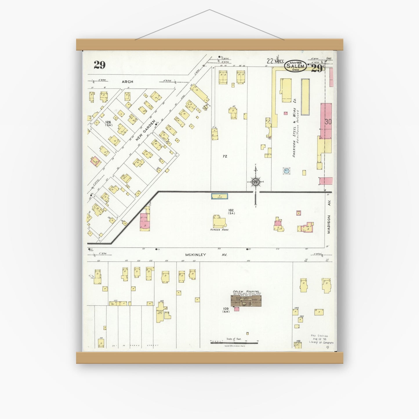 Old map wall art mockup — magnetic wood frame on white wall — Sanborn Fire Insurance Map from Salem, Columbiana County, Ohio (1926), Sheet #0029