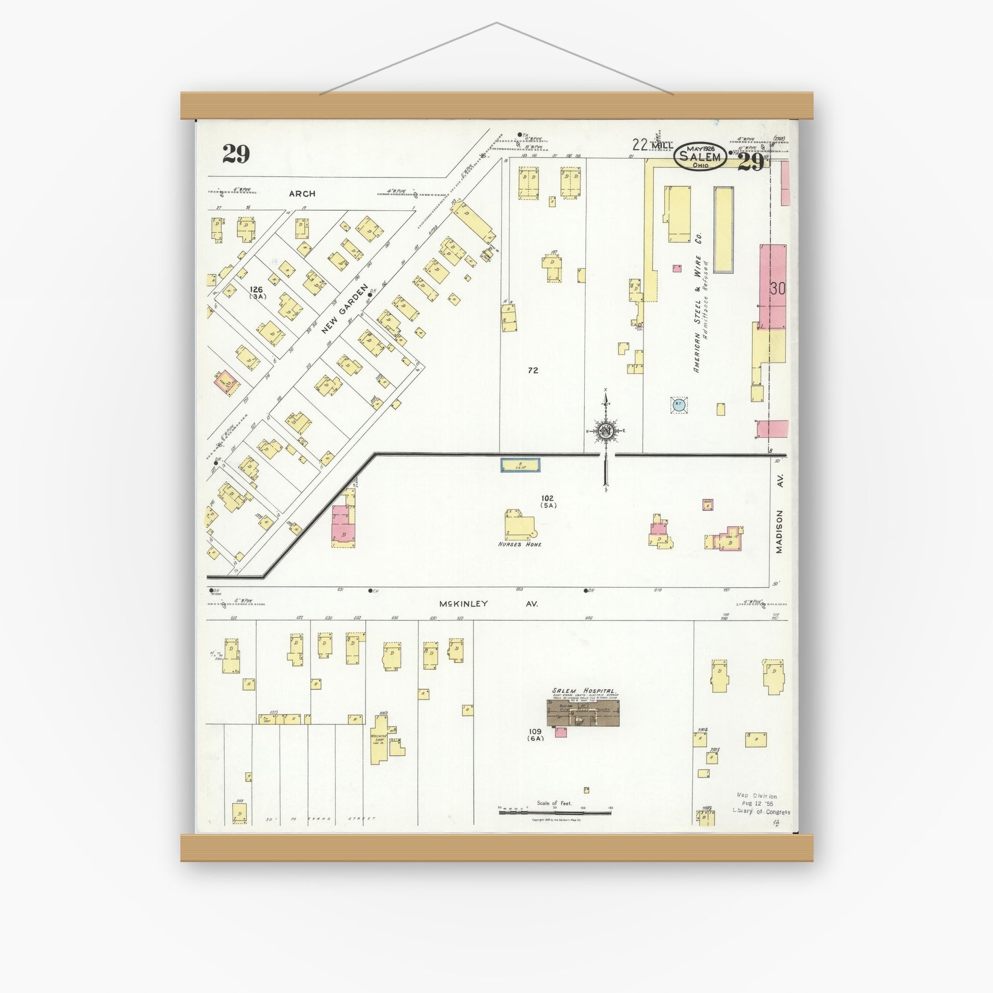 Old map wall art mockup — magnetic wood frame on white wall — Sanborn Fire Insurance Map from Salem, Columbiana County, Ohio (1926), Sheet #0029