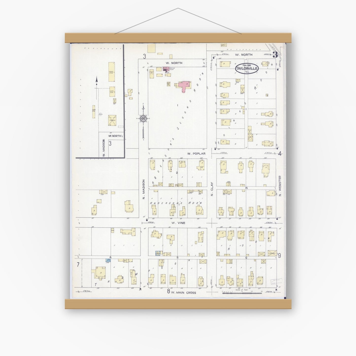 Old map wall art mockup — magnetic wood frame on white wall — Sanborn Fire Insurance Map from Taylorville, Christian County, Illinois (1914), Sheet #0003