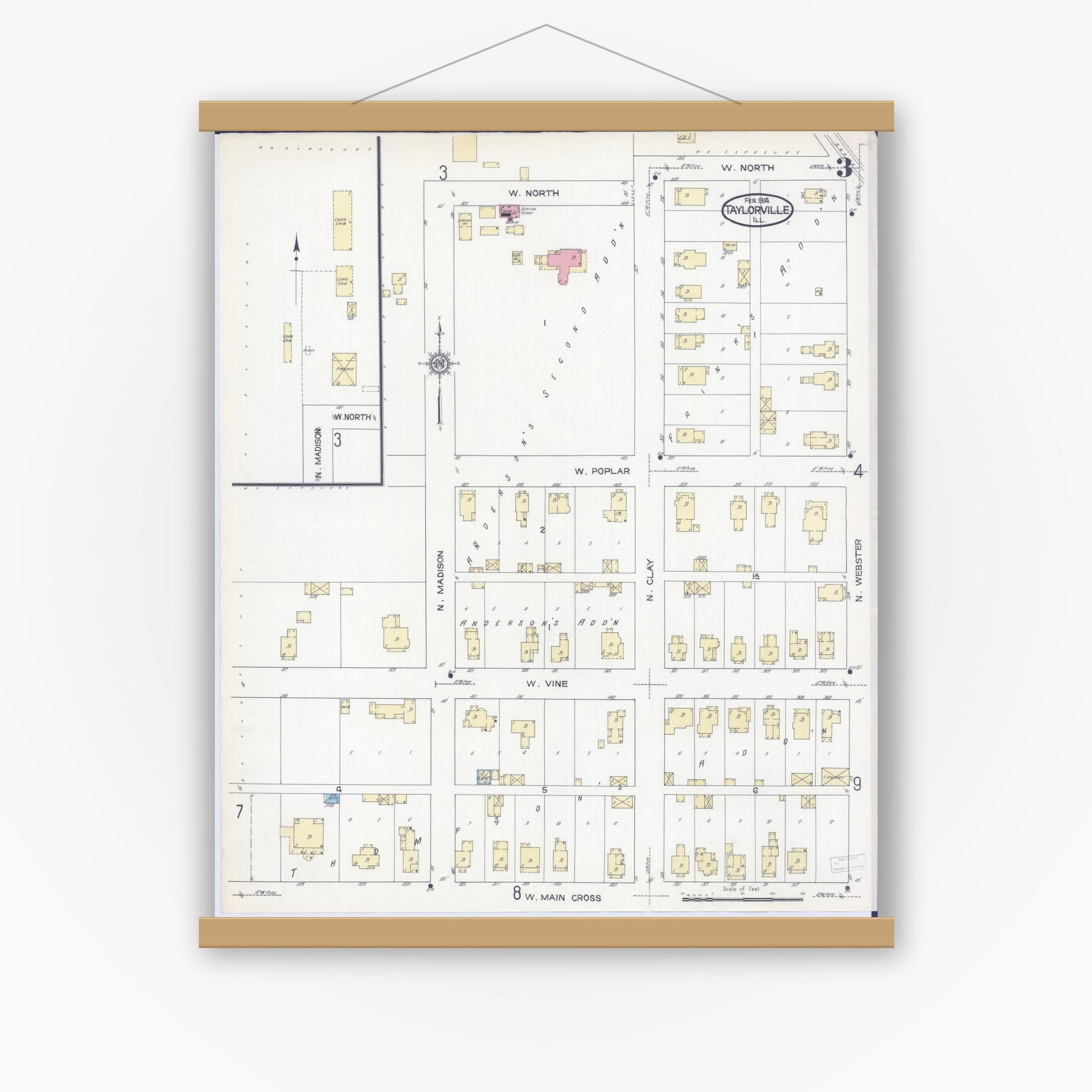 Old map wall art mockup — magnetic wood frame on white wall — Sanborn Fire Insurance Map from Taylorville, Christian County, Illinois (1914), Sheet #0003