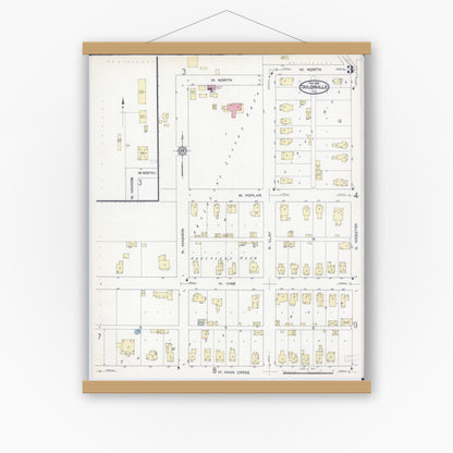 Old map wall art mockup — magnetic wood frame on white wall — Sanborn Fire Insurance Map from Taylorville, Christian County, Illinois (1914), Sheet #0003