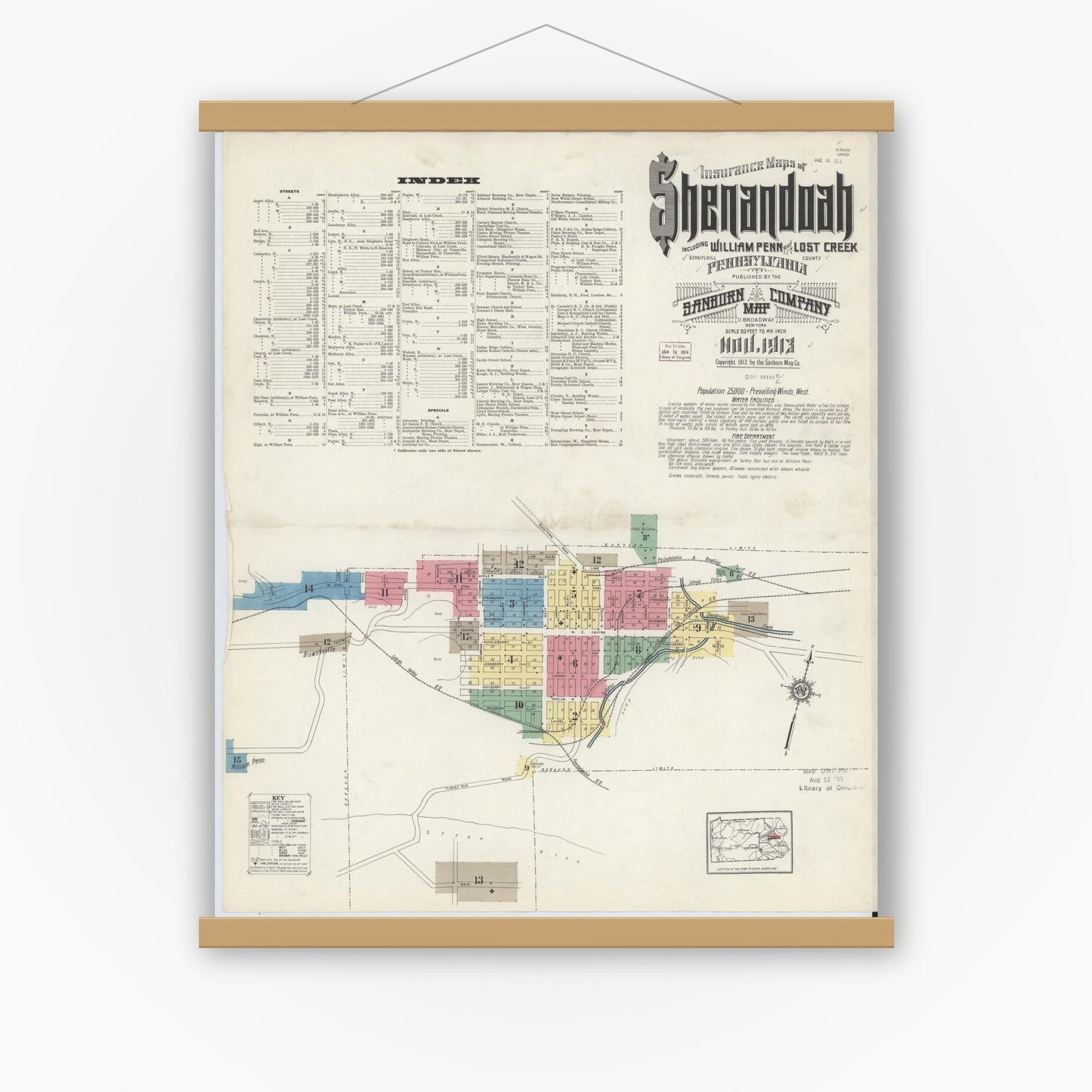 Old map wall art mockup — magnetic wood frame on white wall — Sanborn Fire Insurance Map from Shenandoah, Schuylkill County, Pennsylvania (1913) - Complete Map Set