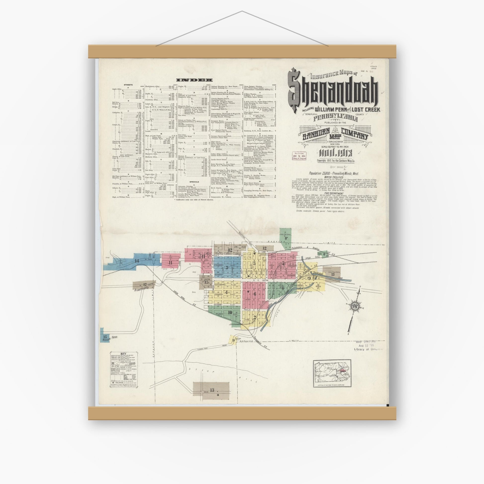 Old map wall art mockup — magnetic wood frame on white wall — Sanborn Fire Insurance Map from Shenandoah, Schuylkill County, Pennsylvania (1913) - Complete Map Set