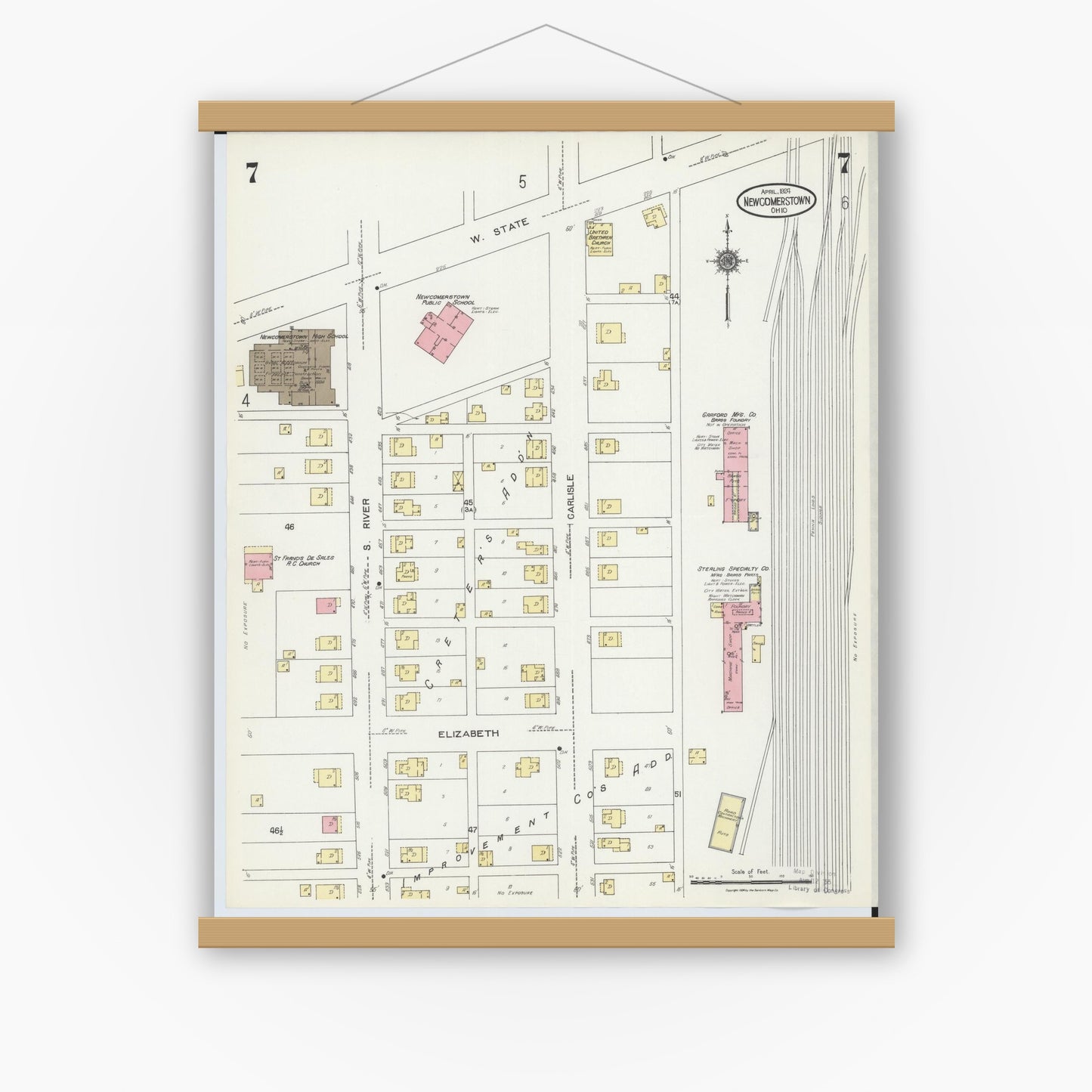 Old map wall art mockup — magnetic wood frame on white wall — Sanborn Fire Insurance Map from Newcomerstown, Tuscarawas County, Ohio (1924), Sheet #0007