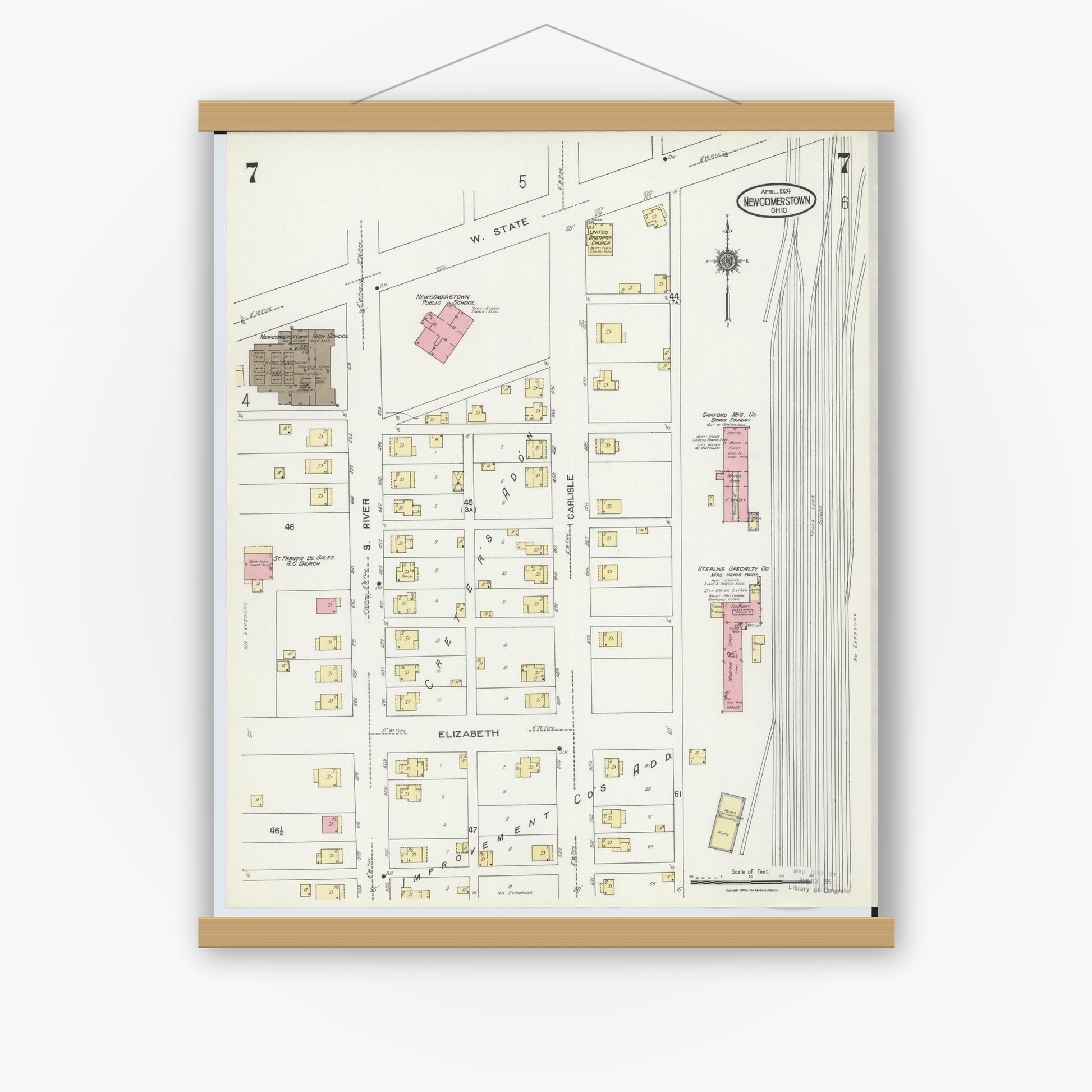 Old map wall art mockup — magnetic wood frame on white wall — Sanborn Fire Insurance Map from Newcomerstown, Tuscarawas County, Ohio (1924), Sheet #0007