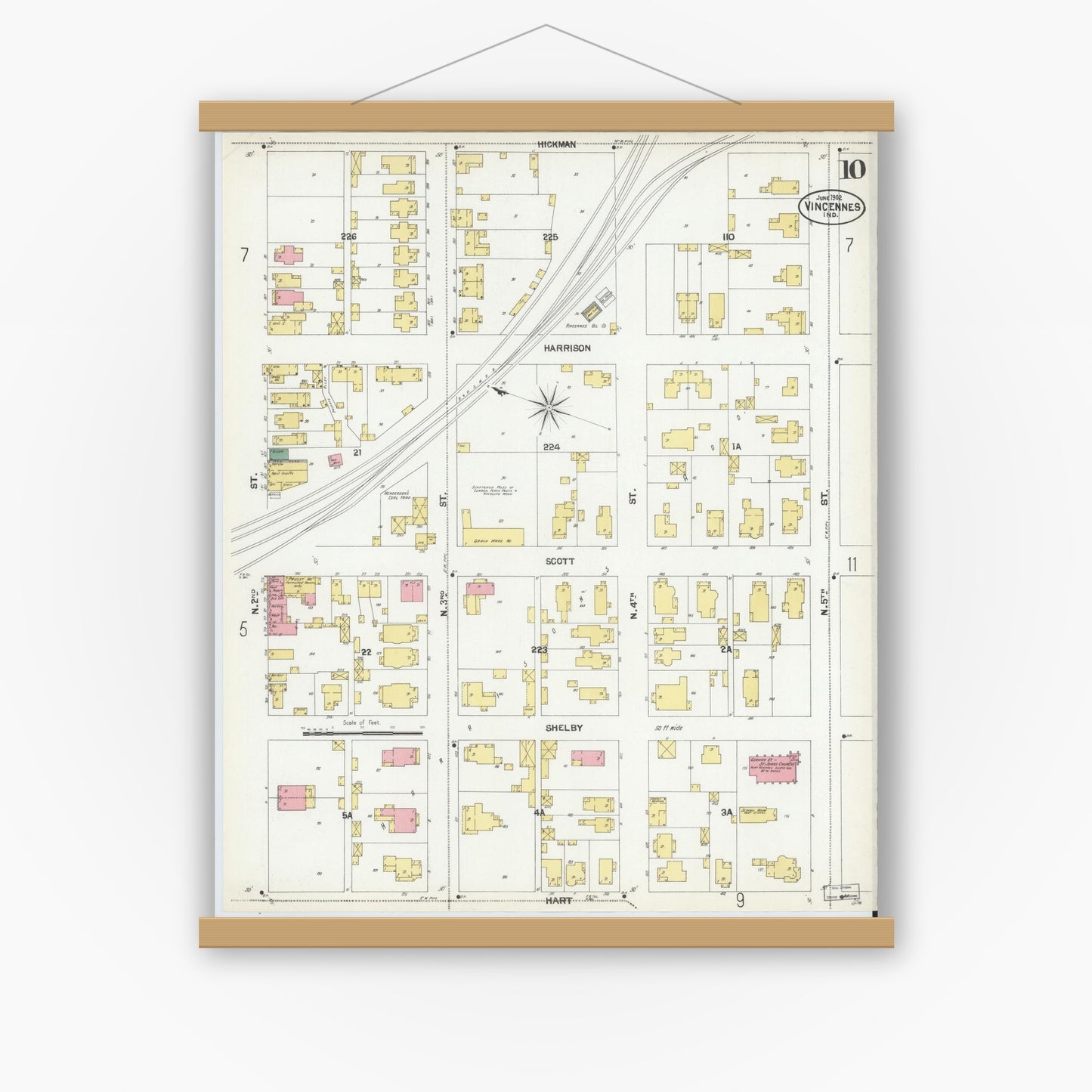 Old map wall art mockup — magnetic wood frame on white wall — Sanborn Fire Insurance Map from Vincennes, Knox County, Indiana (1902), Sheet #0010