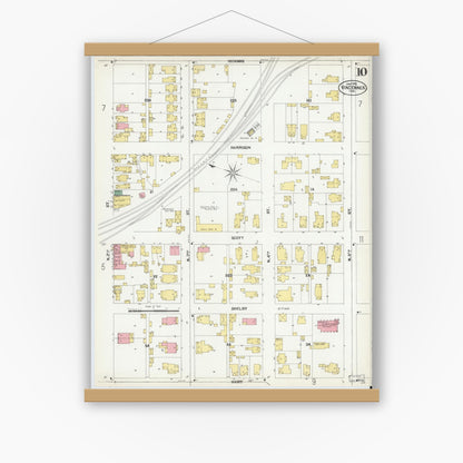 Old map wall art mockup — magnetic wood frame on white wall — Sanborn Fire Insurance Map from Vincennes, Knox County, Indiana (1902), Sheet #0010