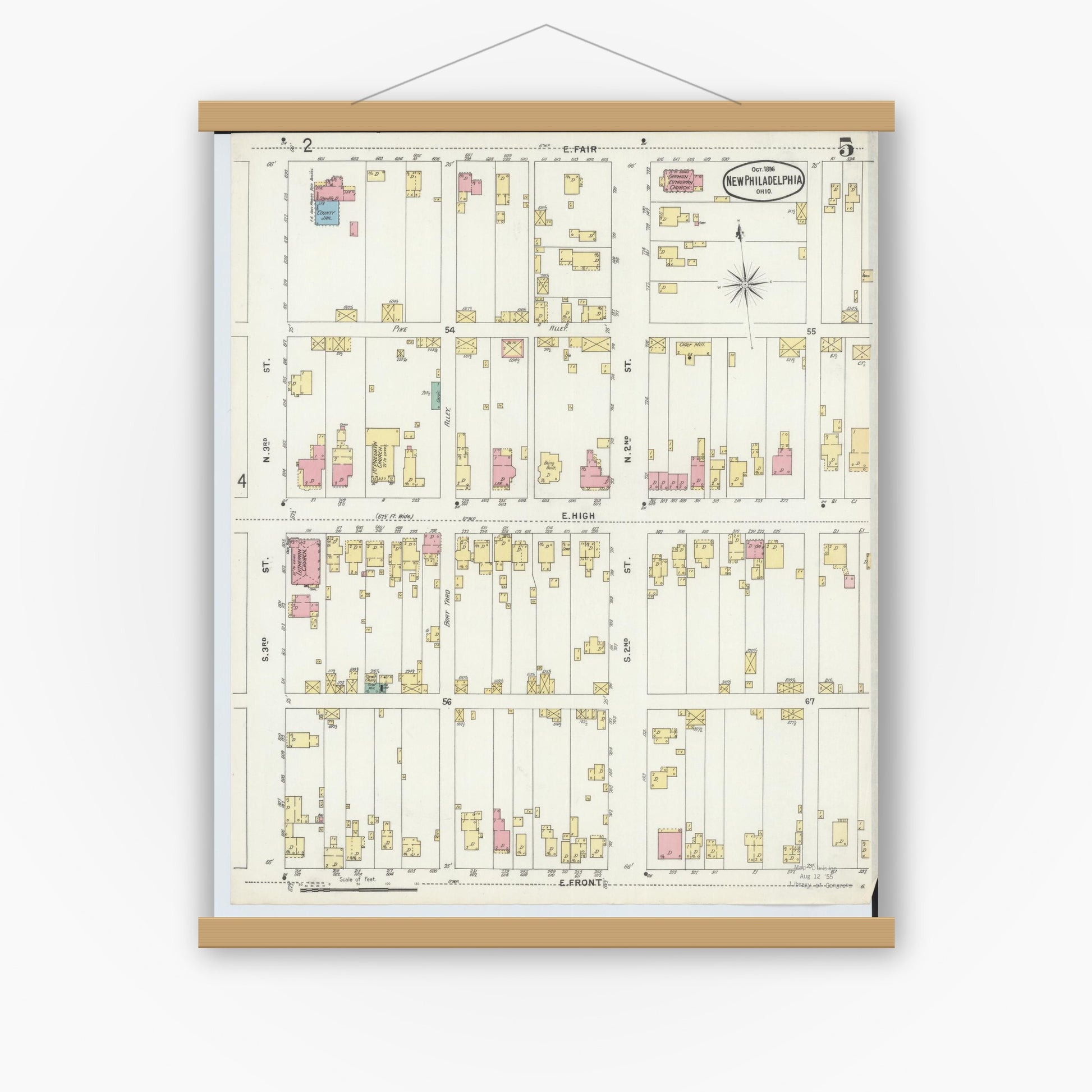 Old map wall art mockup — magnetic wood frame on white wall — Sanborn Fire Insurance Map from New Philadelphia, Tuscarawas County, Ohio (1896), Sheet #0005