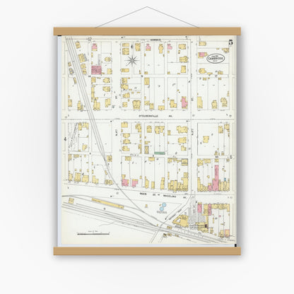 Old map wall art mockup — magnetic wood frame on white wall — Sanborn Fire Insurance Map from Cambridge, Guernsey County, Ohio (1901), Sheet #0005