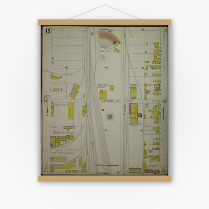 Old map wall art mockup — magnetic wood frame on white wall — Sanborn Fire Insurance Map from Madison, Dane County, Wisconsin (1908), Sheet #0015