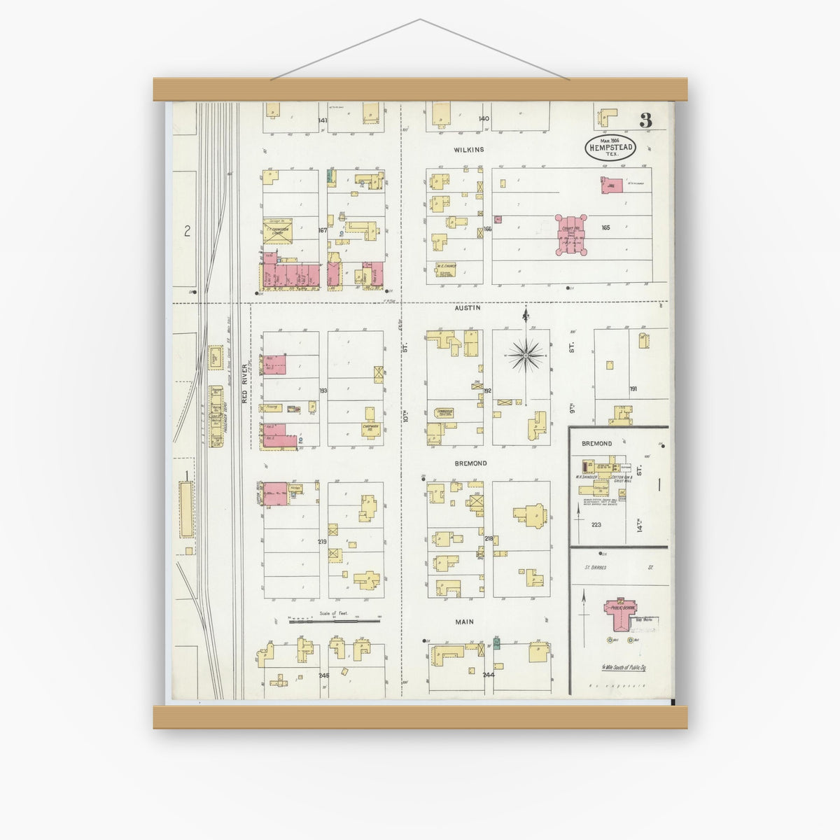 Old map wall art mockup — magnetic wood frame on white wall — Sanborn Fire Insurance Map from Hempstead, Waller County, Texas (1906), Sheet #0003