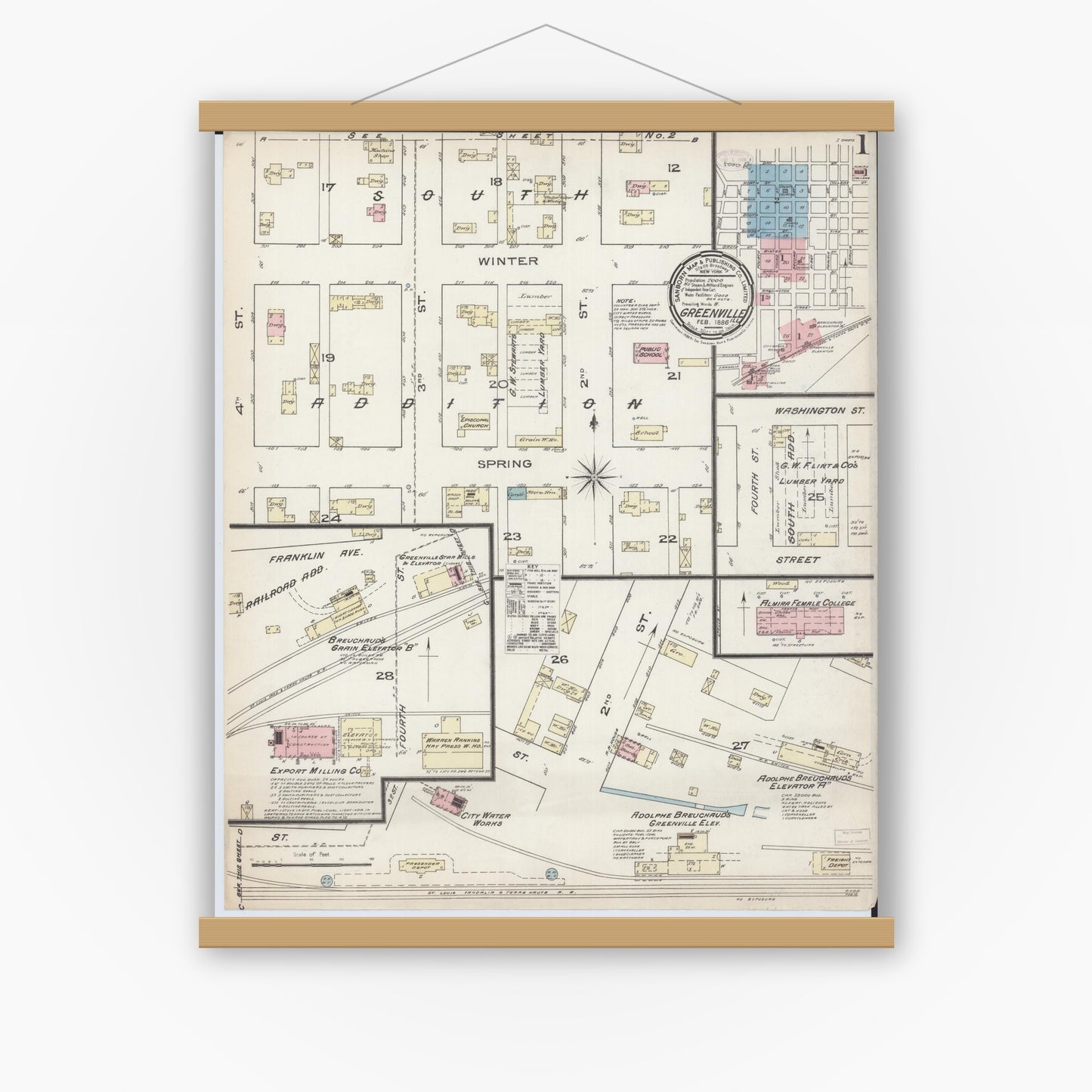 Old map wall art mockup — magnetic wood frame on white wall — Sanborn Fire Insurance Map from Greenville, Bond County, Illinois (1886), Sheet #0001