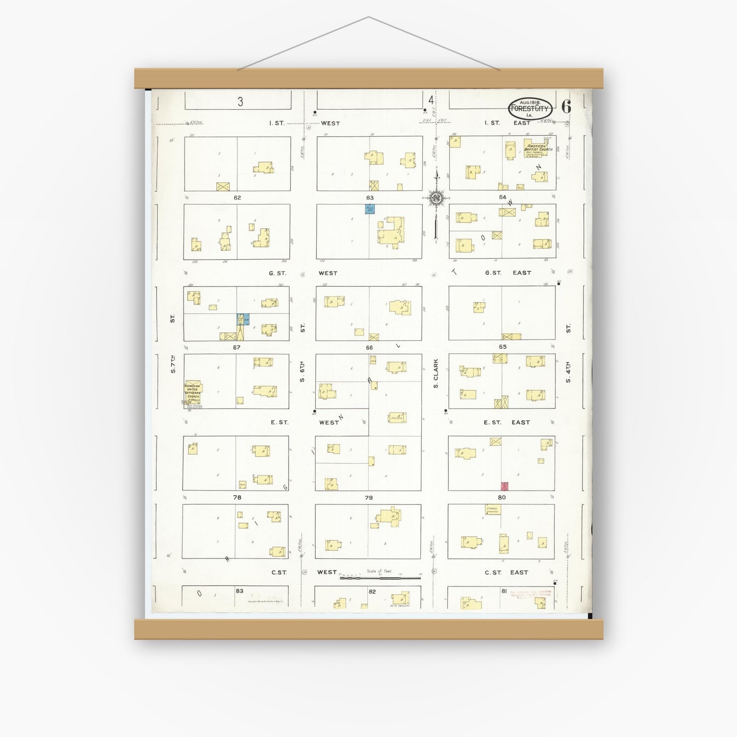 Old map wall art mockup — magnetic wood frame on white wall — Sanborn Fire Insurance Map from Forest City, Winnebago County, Iowa (1916), Sheet #0006