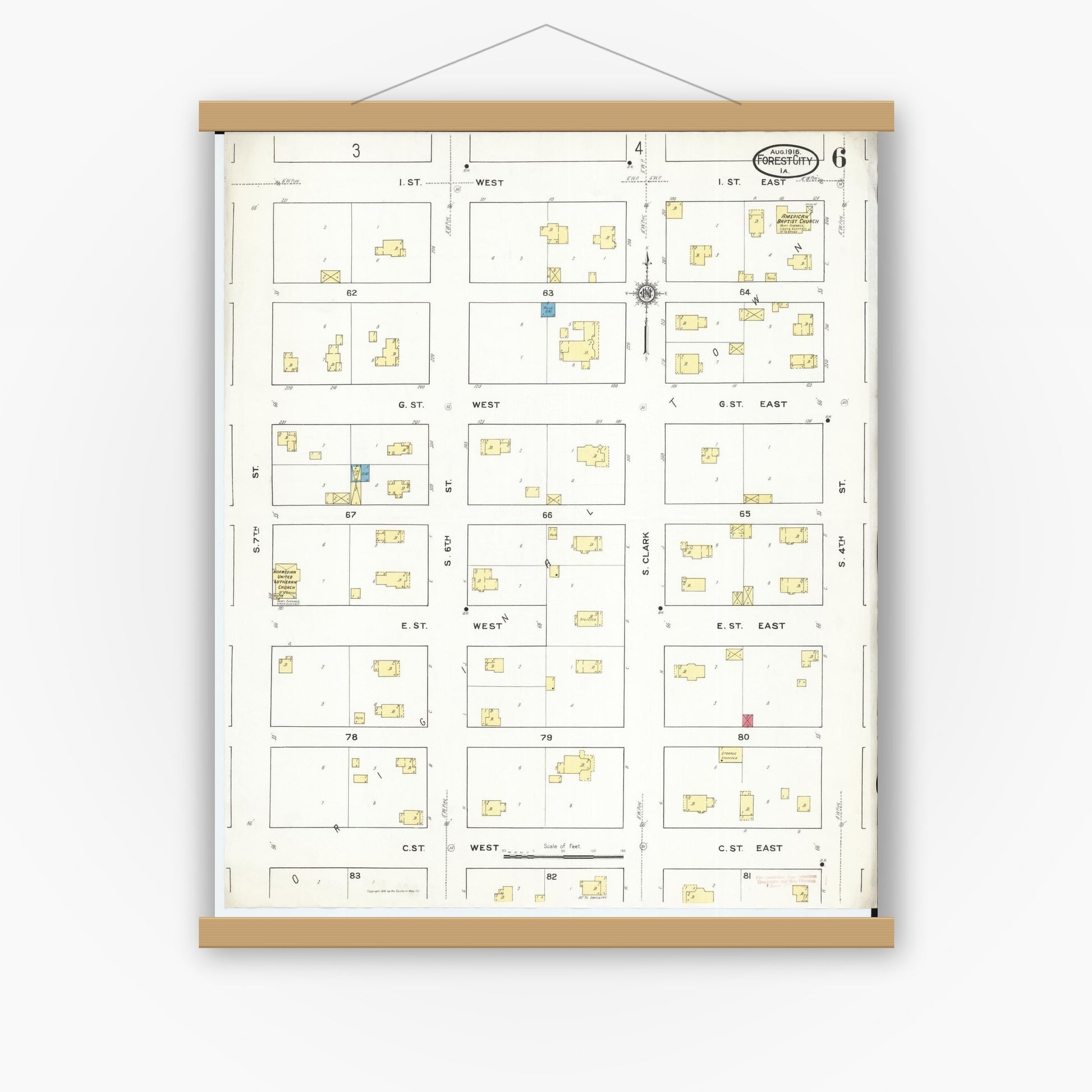 Old map wall art mockup — magnetic wood frame on white wall — Sanborn Fire Insurance Map from Forest City, Winnebago County, Iowa (1916), Sheet #0006