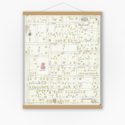 Old map wall art mockup — magnetic wood frame on white wall — Sanborn Fire Insurance Map from Marlin, Falls County, Texas (1916), Sheet #0005