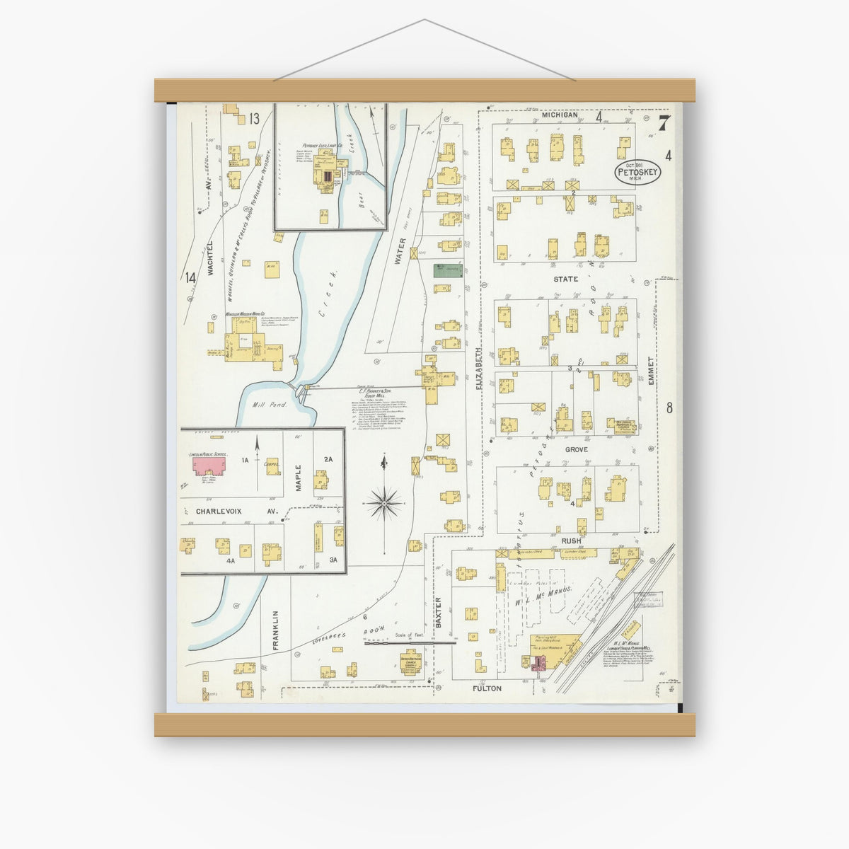 Old map wall art mockup — magnetic wood frame on white wall — Sanborn Fire Insurance Map from Petoskey, Emmet County, Michigan (1901), Sheet #0007