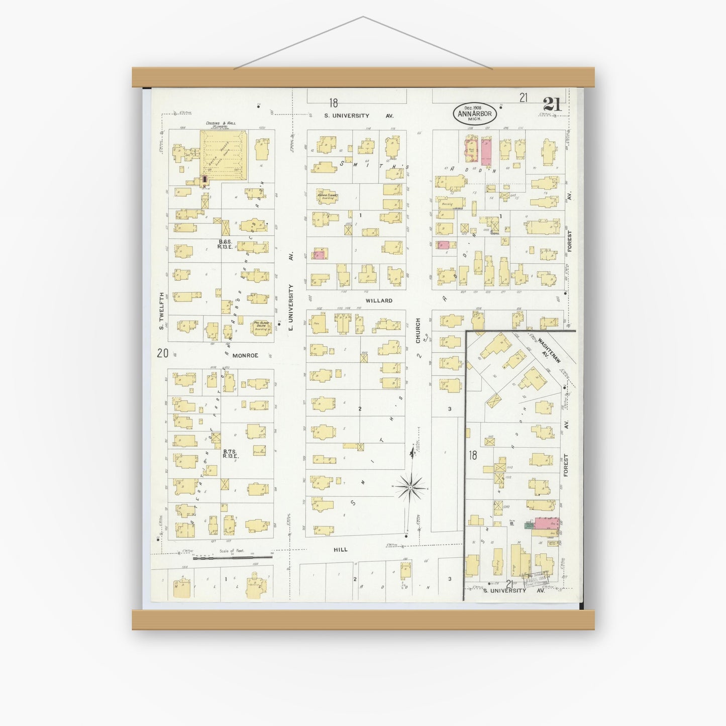 Old map wall art mockup — magnetic wood frame on white wall — Sanborn Fire Insurance Map from Ann Arbor, Washtenaw County, Michigan (1908), Sheet #0021