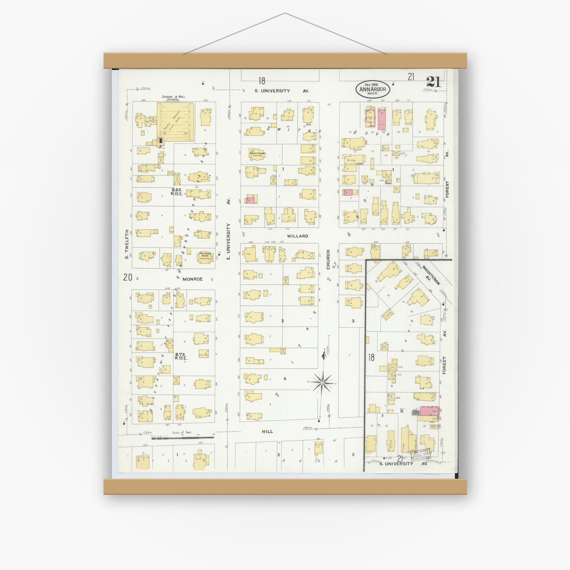 Old map wall art mockup — magnetic wood frame on white wall — Sanborn Fire Insurance Map from Ann Arbor, Washtenaw County, Michigan (1908), Sheet #0021