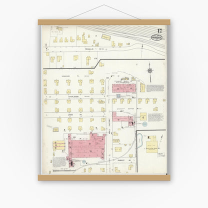 Old map wall art mockup — magnetic wood frame on white wall — Sanborn Fire Insurance Map from Monroe, Union County, North Carolina (1914), Sheet #0017