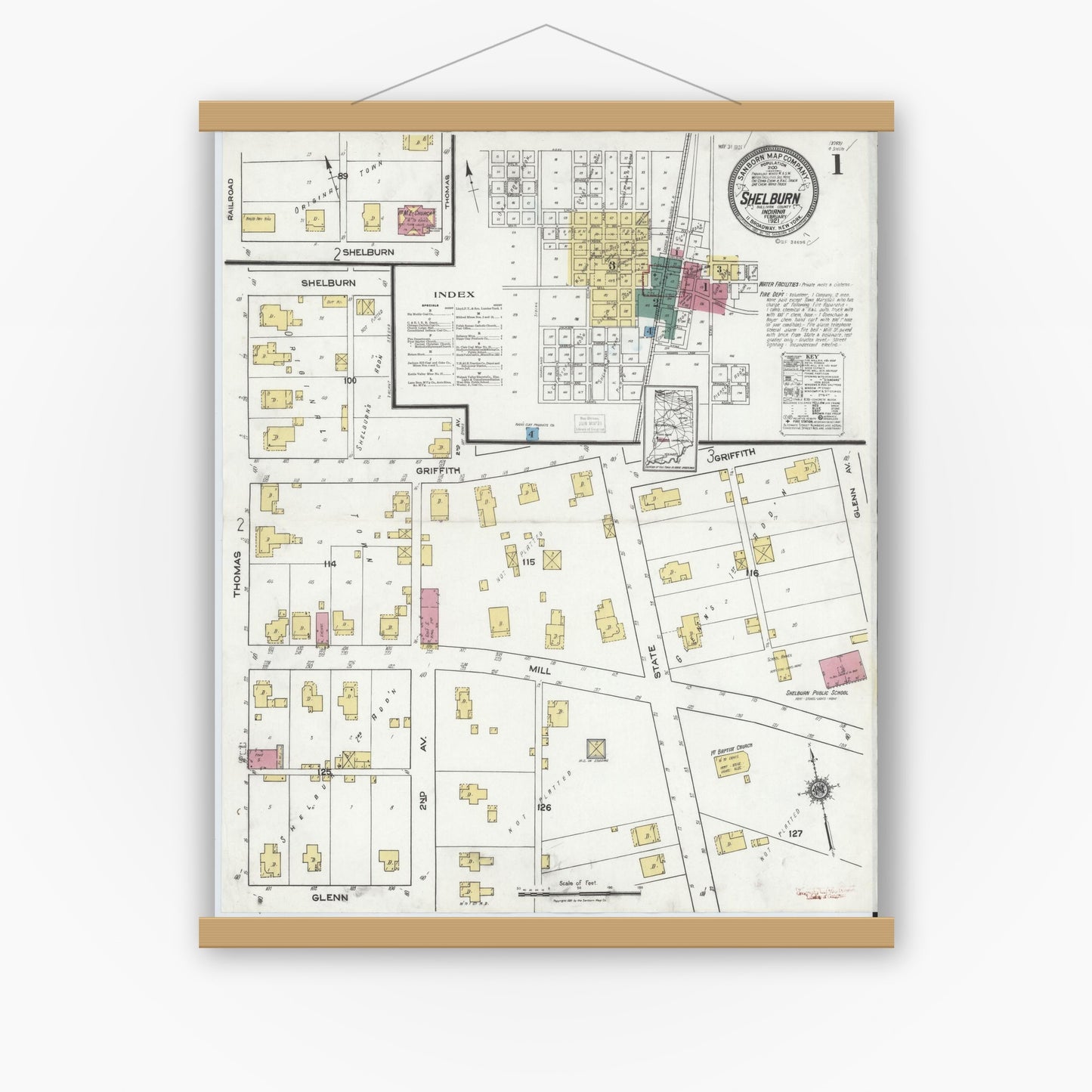 Old map wall art mockup — magnetic wood frame on white wall — Sanborn Fire Insurance Map from Shelburn, Sullivan County, Indiana (1921) - Complete Map Set