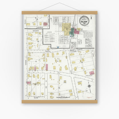 Old map wall art mockup — magnetic wood frame on white wall — Sanborn Fire Insurance Map from Shelburn, Sullivan County, Indiana (1921) - Complete Map Set