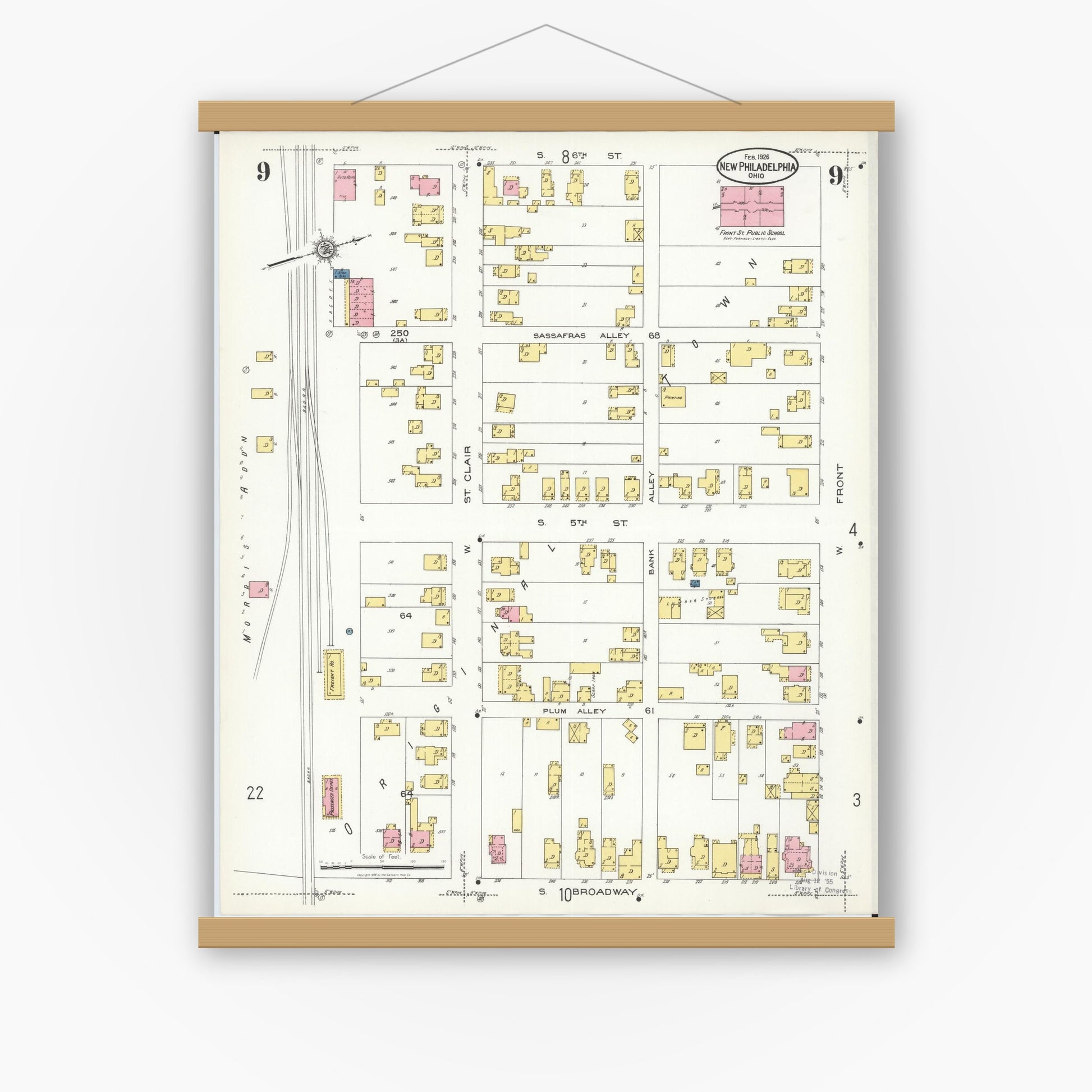 Old map wall art mockup — magnetic wood frame on white wall — Sanborn Fire Insurance Map from New Philadelphia, Tuscarawas County, Ohio (1926), Sheet #0009
