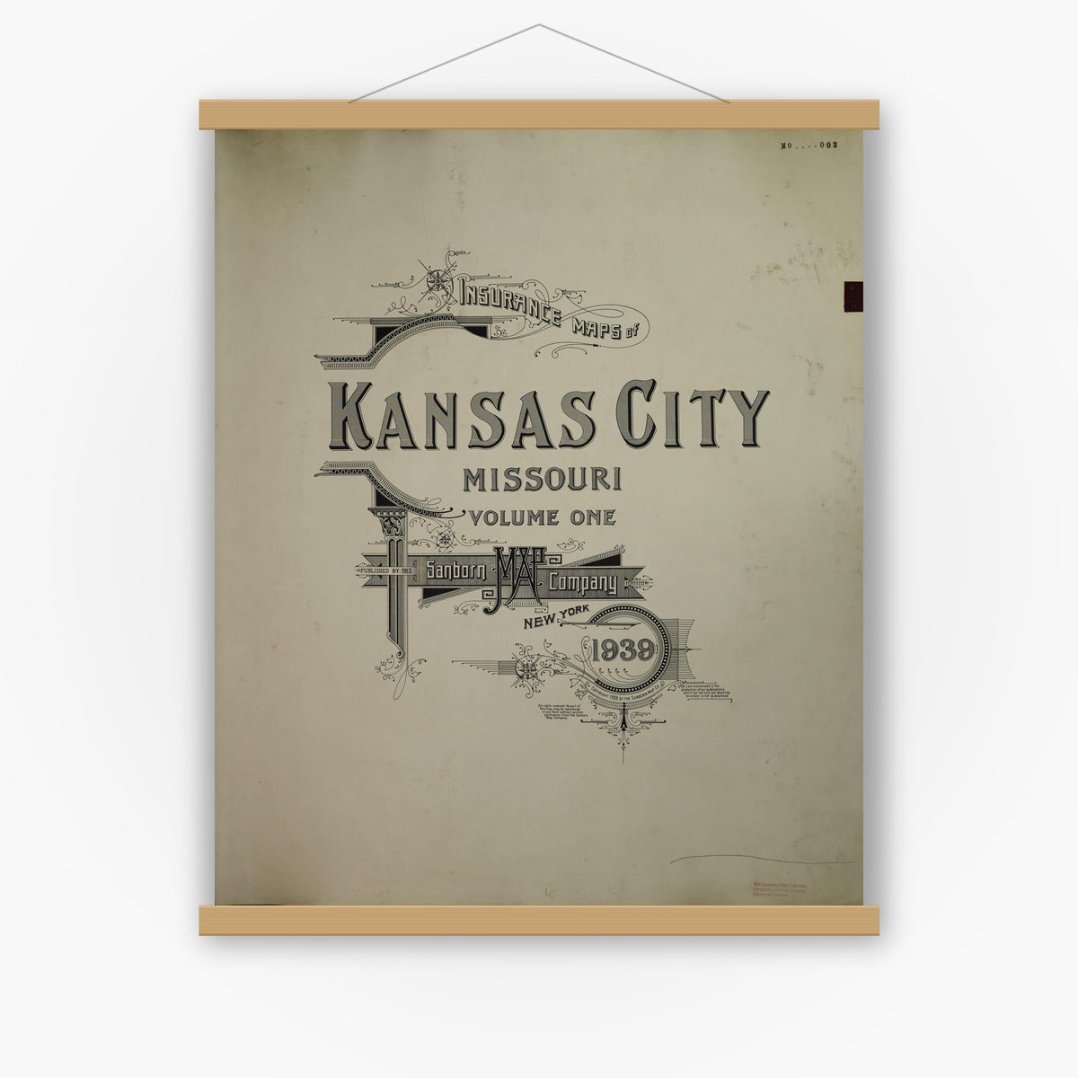 Old map wall art mockup — magnetic wood frame on white wall — Sanborn Fire Insurance Map from Kansas City, Jackson, Clay, And Platte Counties, Missouri (1950), Sheet #0001