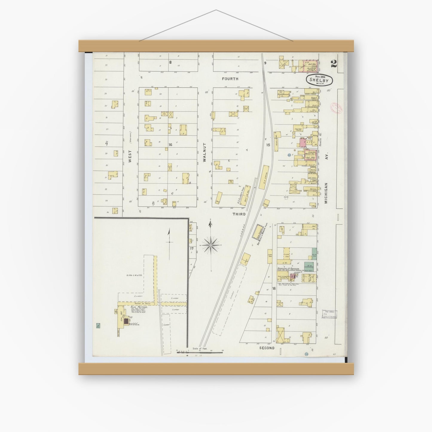 Old map wall art mockup — magnetic wood frame on white wall — Sanborn Fire Insurance Map from Shelby, Oceana County, Michigan (1894), Sheet #0002