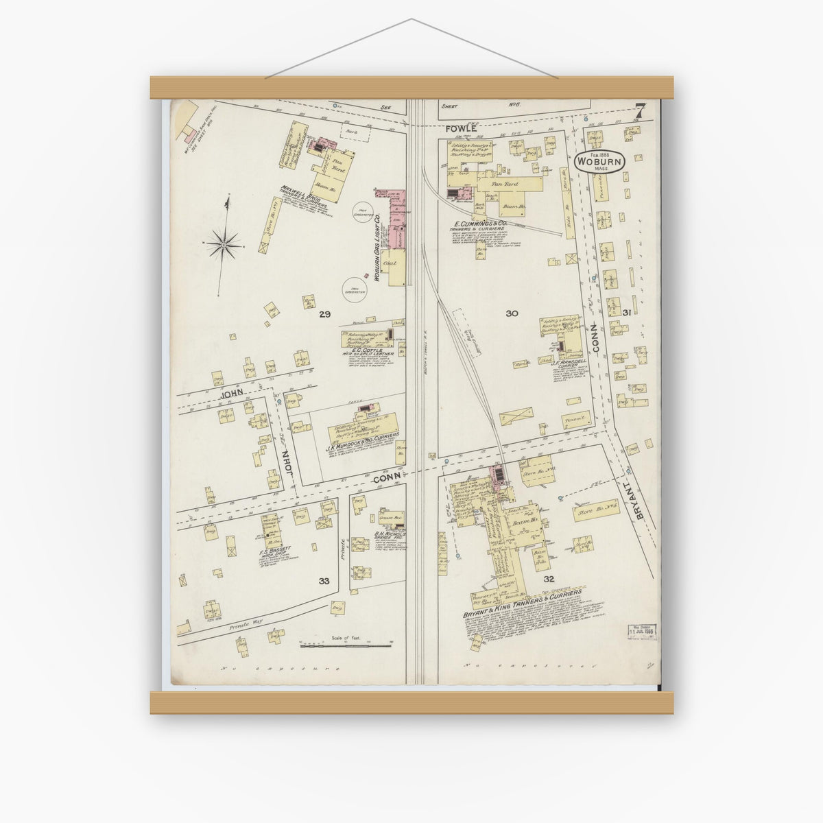 Old map wall art mockup — magnetic wood frame on white wall — Sanborn Fire Insurance Map from Woburn, Middlesex County, Massachusetts (1888), Sheet #0007