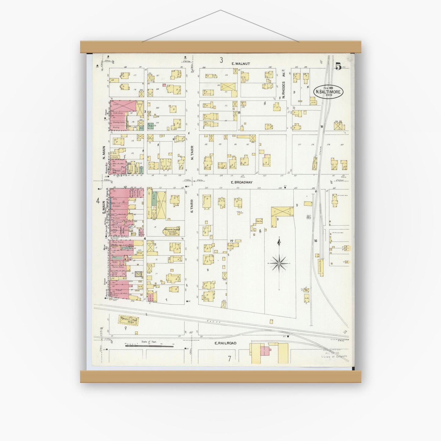 Old map wall art mockup — magnetic wood frame on white wall — Sanborn Fire Insurance Map from North Baltimore, Wood County, Ohio (1908), Sheet #0005