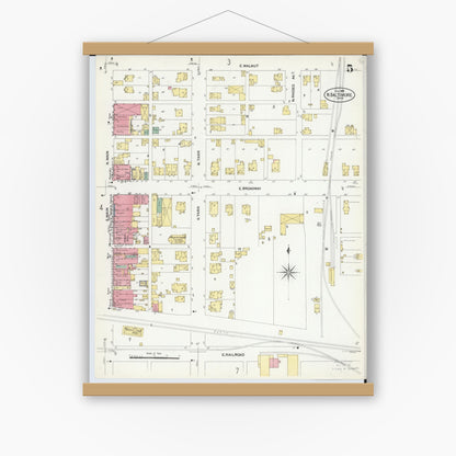 Old map wall art mockup — magnetic wood frame on white wall — Sanborn Fire Insurance Map from North Baltimore, Wood County, Ohio (1908), Sheet #0005