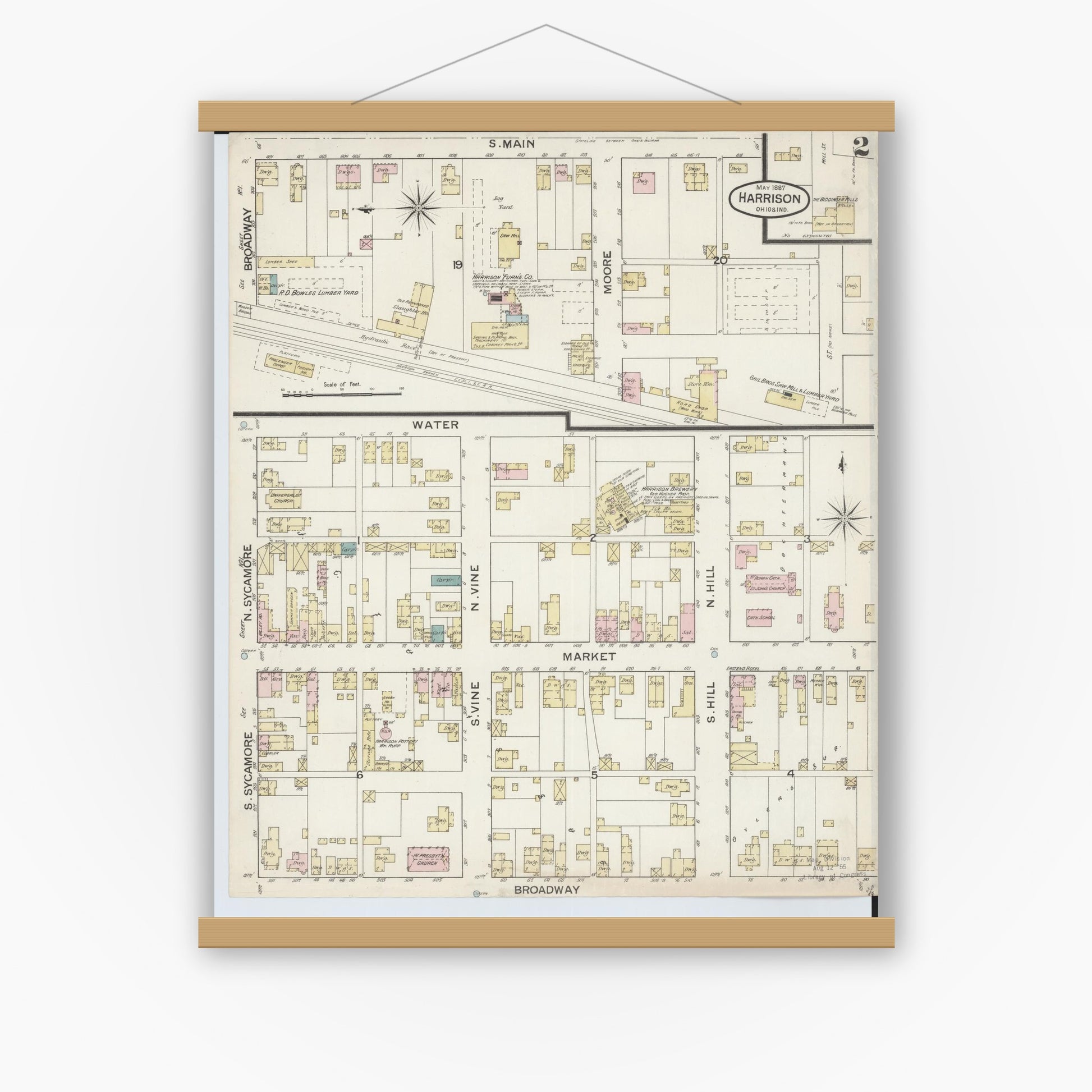 Old map wall art mockup — magnetic wood frame on white wall — Sanborn Fire Insurance Map from Harrison, Hamilton County, Ohio (1887), Sheet #0002
