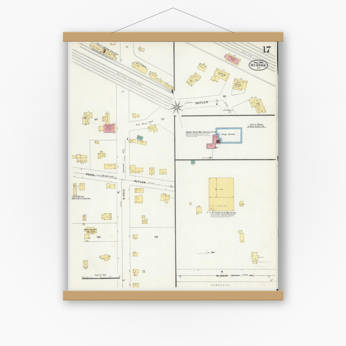 Old map wall art mockup — magnetic wood frame on white wall — Sanborn Fire Insurance Map from Newark, Wayne County, New York (1906), Sheet #0017