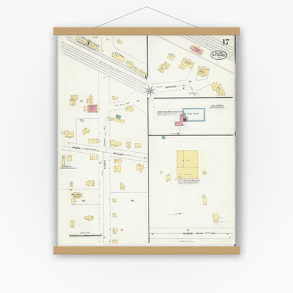Old map wall art mockup — magnetic wood frame on white wall — Sanborn Fire Insurance Map from Newark, Wayne County, New York (1906), Sheet #0017