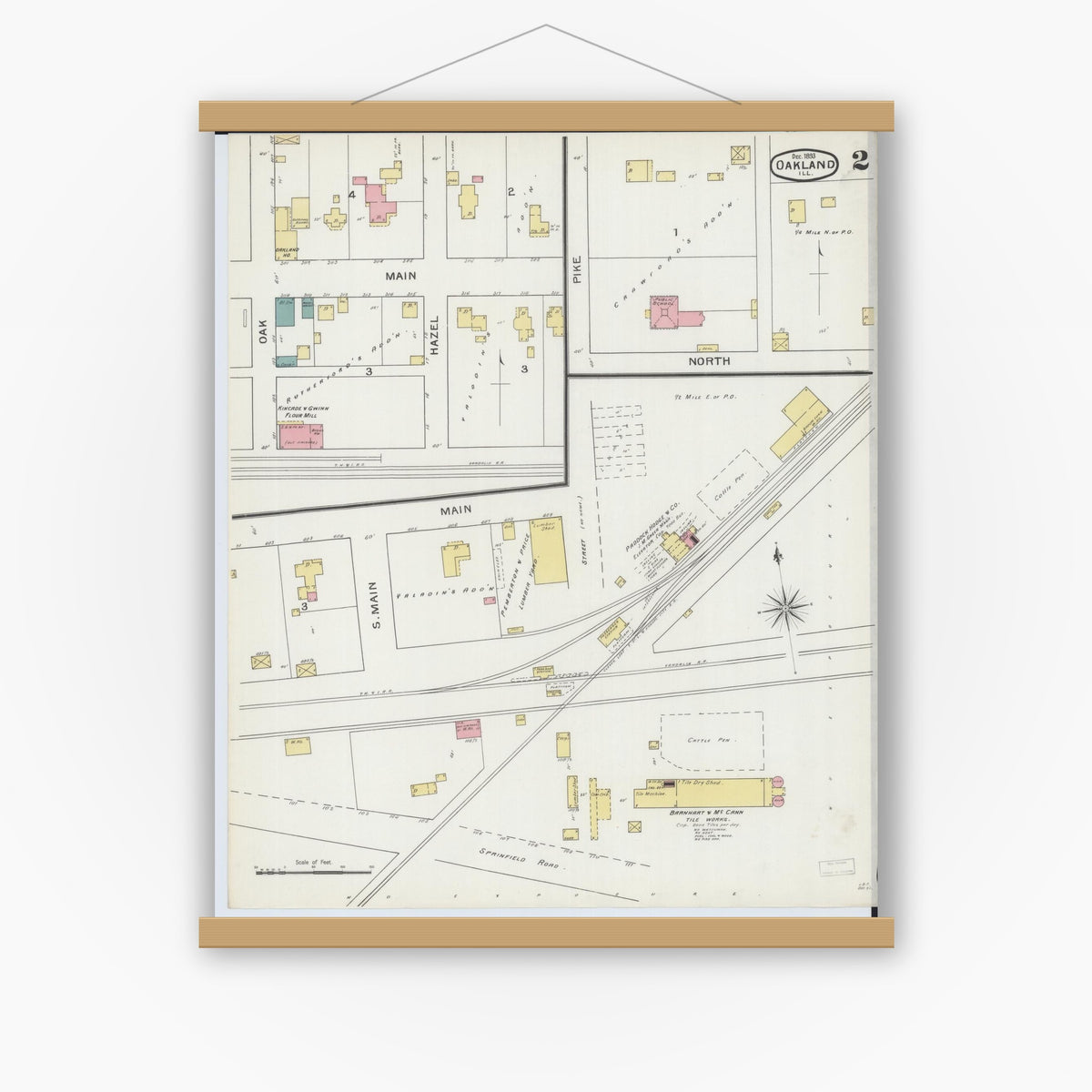 Old map wall art mockup — magnetic wood frame on white wall — Sanborn Fire Insurance Map from Oakland, Coles County, Illinois (1893), Sheet #0002