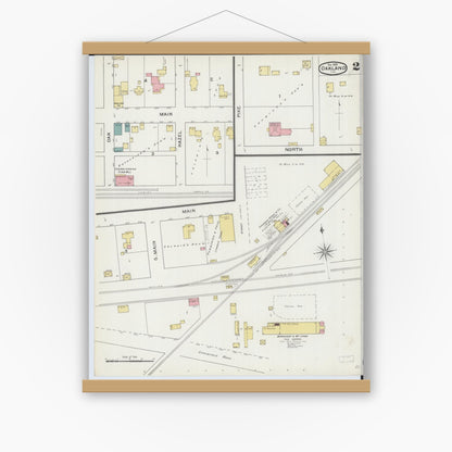 Old map wall art mockup — magnetic wood frame on white wall — Sanborn Fire Insurance Map from Oakland, Coles County, Illinois (1893), Sheet #0002