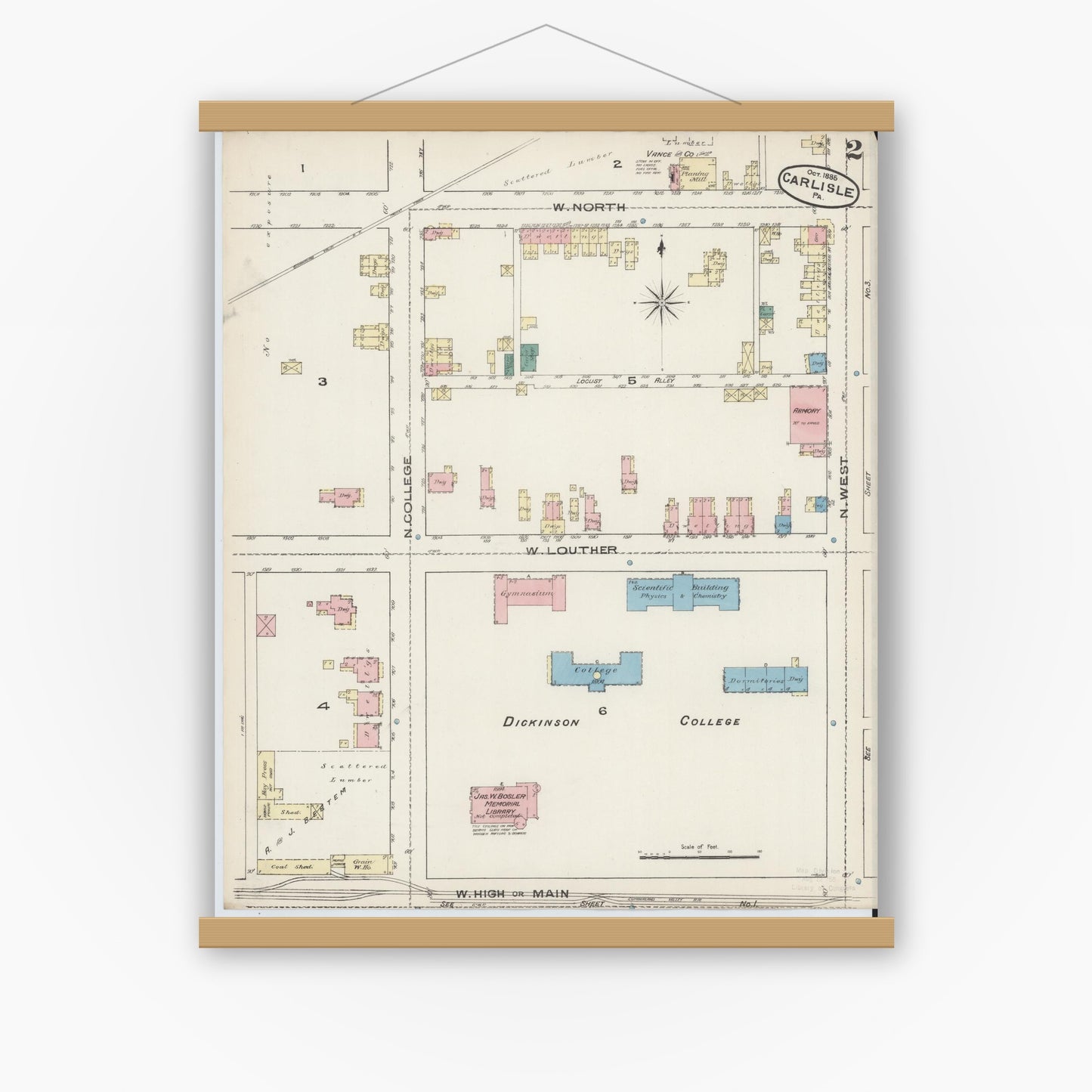 Old map wall art mockup — magnetic wood frame on white wall — Sanborn Fire Insurance Map from Carlisle, Cumberland County, Pennsylvania (1885), Sheet #0002