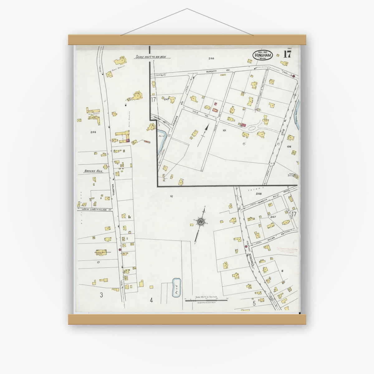 Old map wall art mockup — magnetic wood frame on white wall — Sanborn Fire Insurance Map from Hingham, Plymouth County, Massachusetts (1921), Sheet #0017
