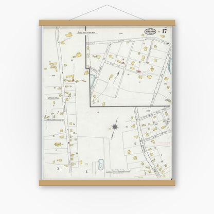 Old map wall art mockup — magnetic wood frame on white wall — Sanborn Fire Insurance Map from Hingham, Plymouth County, Massachusetts (1921), Sheet #0017
