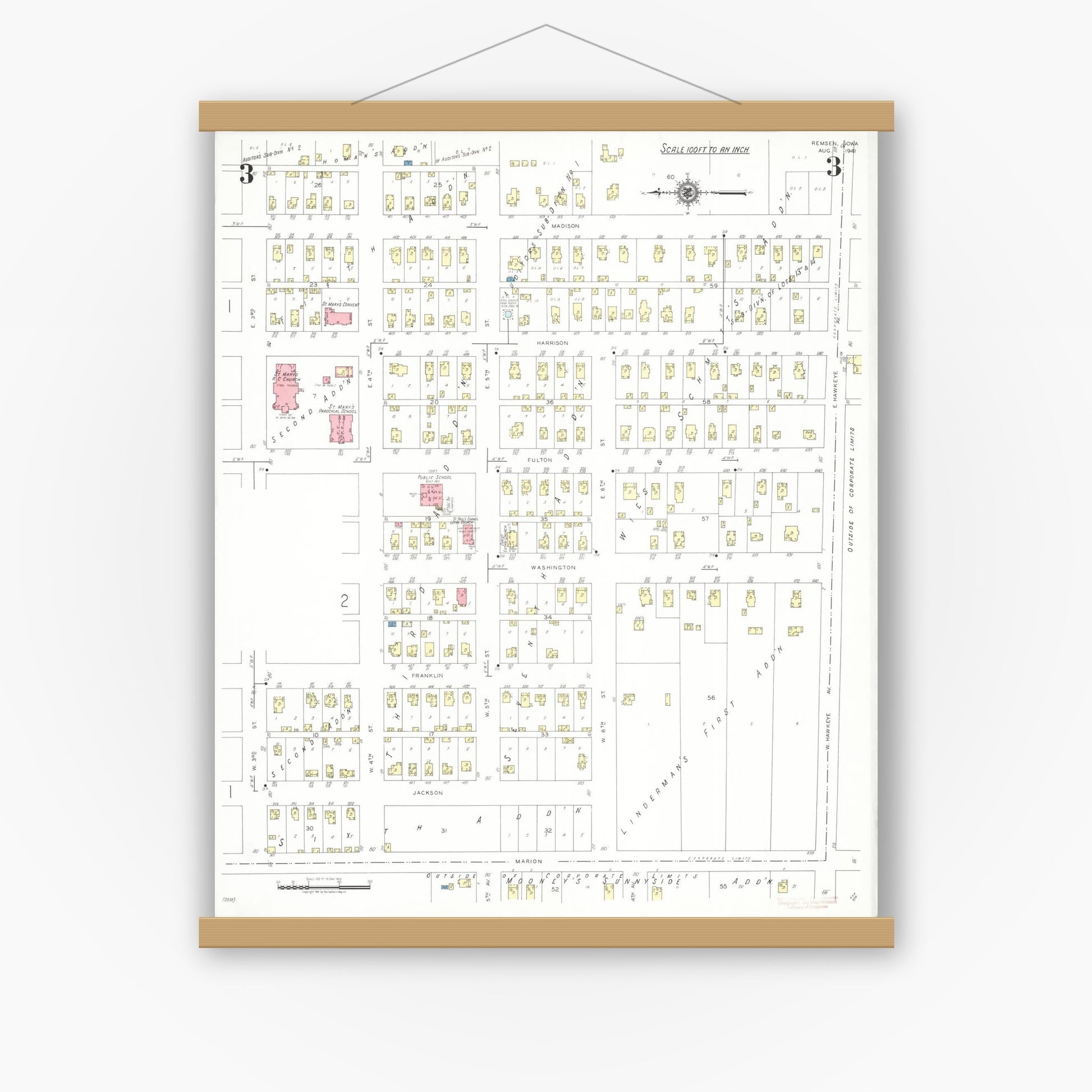 Old map wall art mockup — magnetic wood frame on white wall — Sanborn Fire Insurance Map from Remsen, Plymouth County, Iowa (1941), Sheet #0003