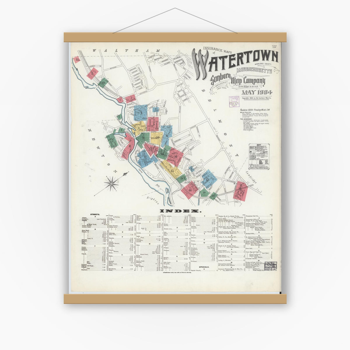 Old map wall art mockup — magnetic wood frame on white wall — Sanborn Fire Insurance Map from Watertown, Middlesex County, Massachusetts (1904), Sheet #0001