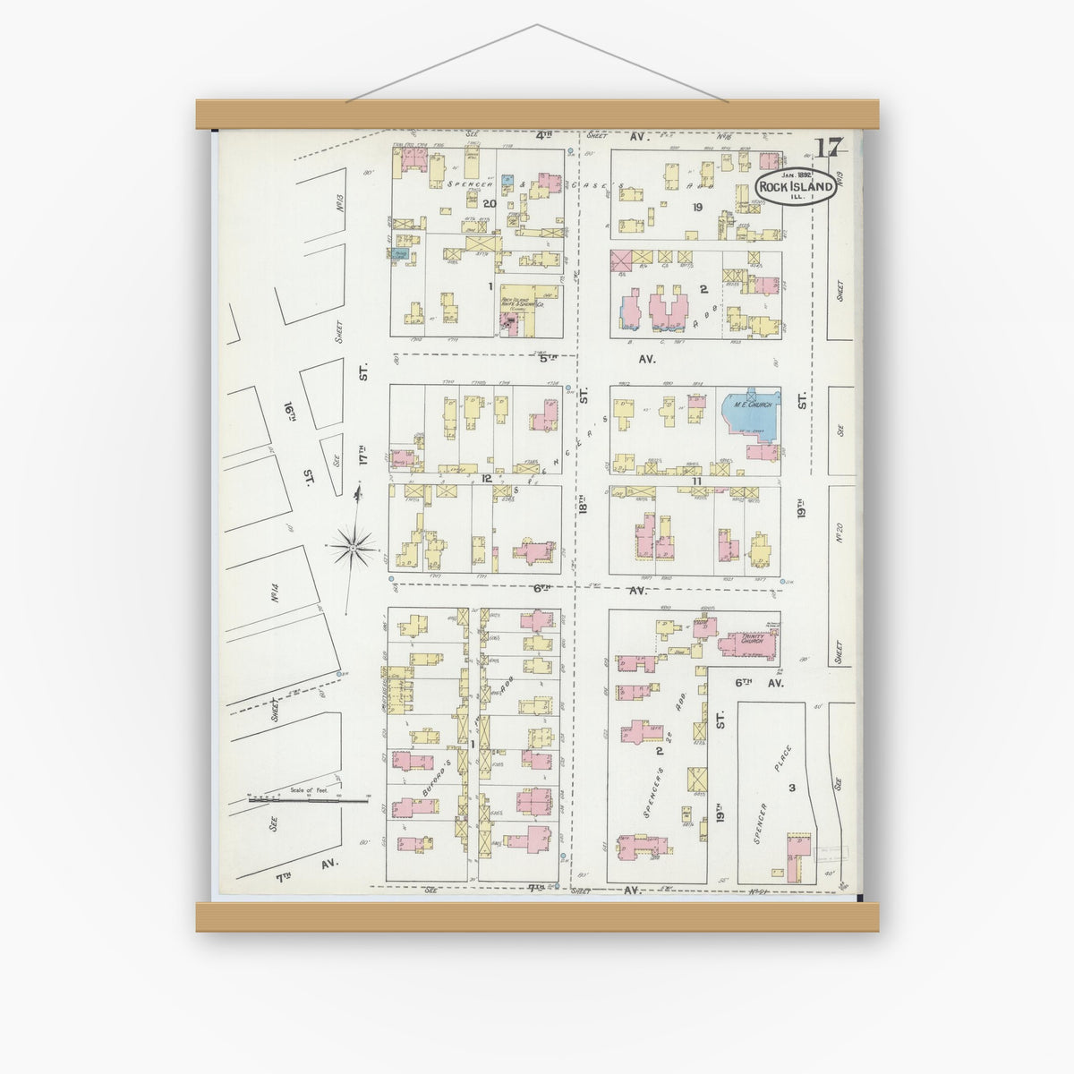 Old map wall art mockup — magnetic wood frame on white wall — Sanborn Fire Insurance Map from Rock Island, Rock Island County, Illinois (1892), Sheet #0017
