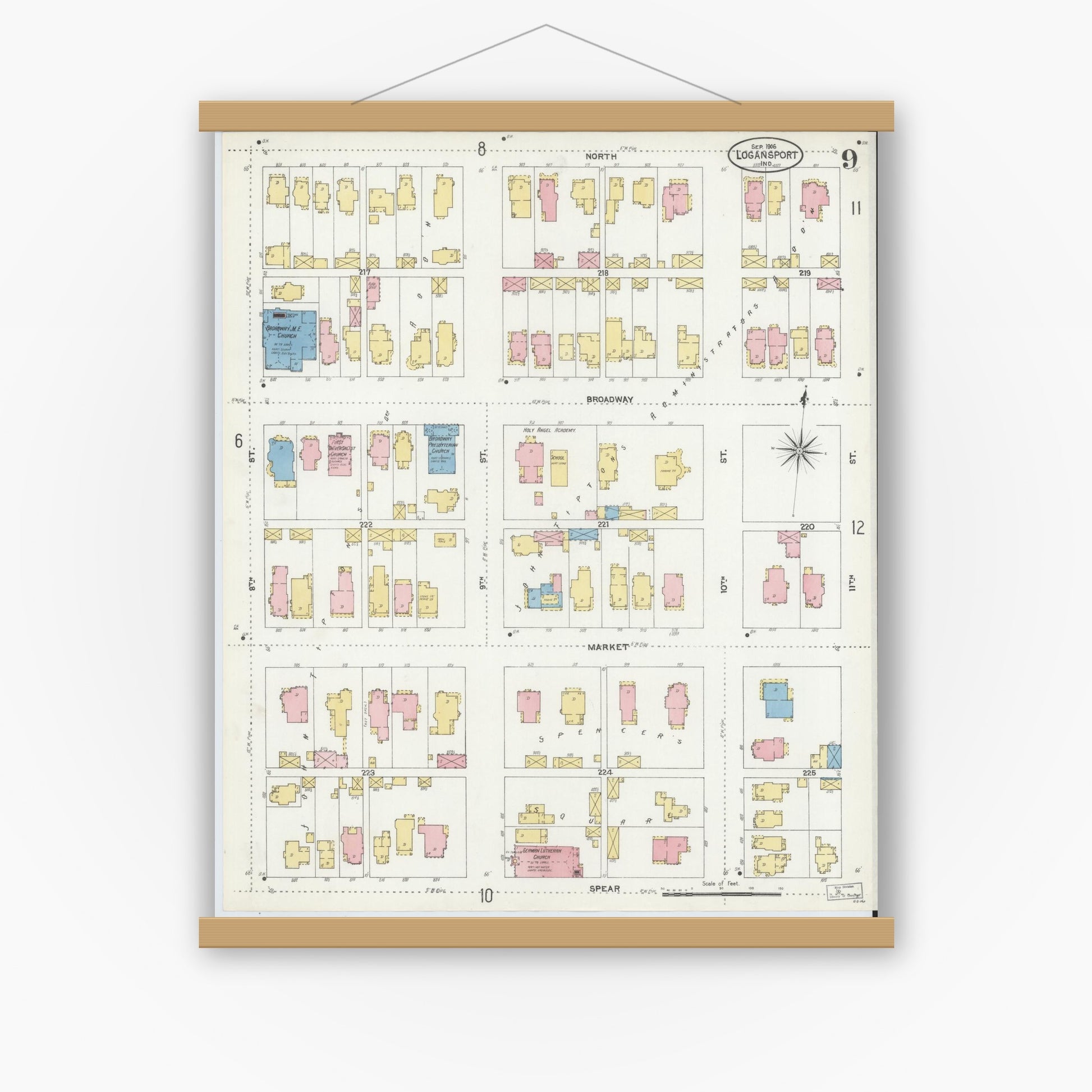 Old map wall art mockup — magnetic wood frame on white wall — Sanborn Fire Insurance Map from Logansport, Cass County, Indiana (1906), Sheet #0009