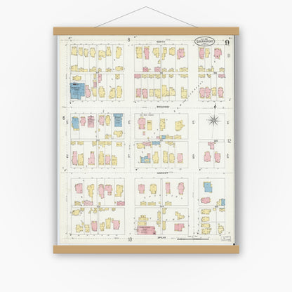 Old map wall art mockup — magnetic wood frame on white wall — Sanborn Fire Insurance Map from Logansport, Cass County, Indiana (1906), Sheet #0009