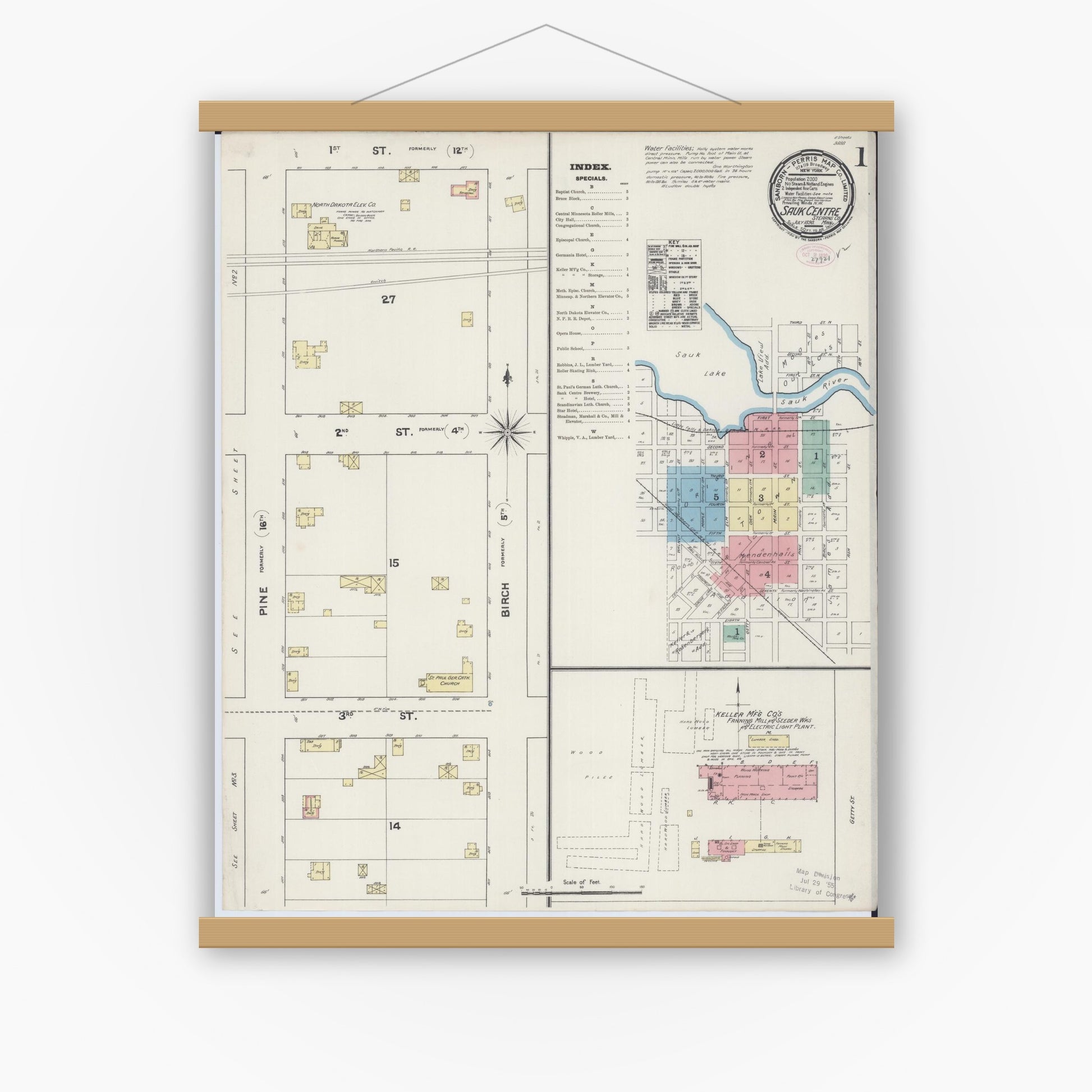 Old map wall art mockup — magnetic wood frame on white wall — Sanborn Fire Insurance Map from Sauk Centre, Stearns County, Minnesota (1890) - Complete Map Set