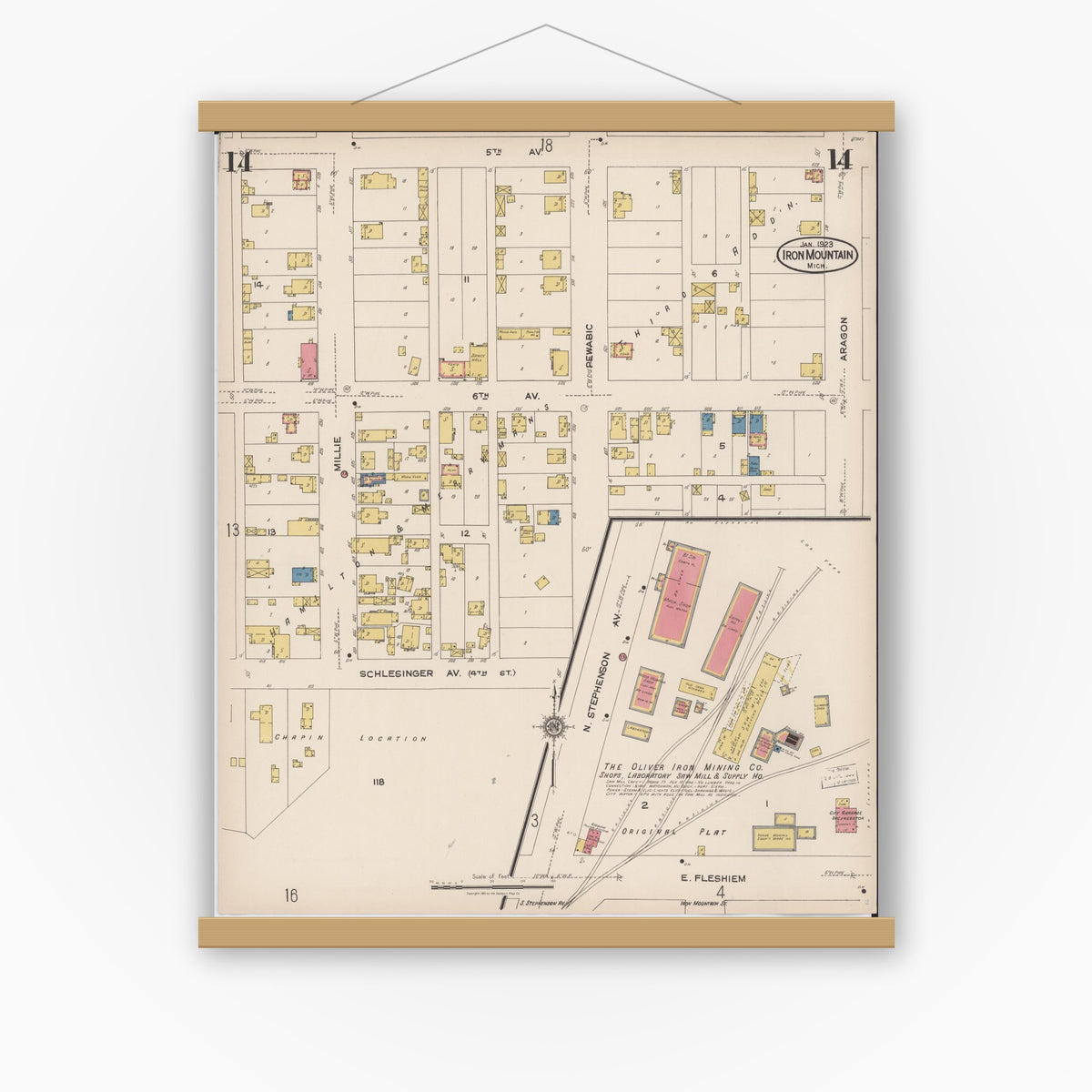Old map wall art mockup — magnetic wood frame on white wall — Sanborn Fire Insurance Map from Iron Mountain, Dickinson County, Michigan (1923), Sheet #0014