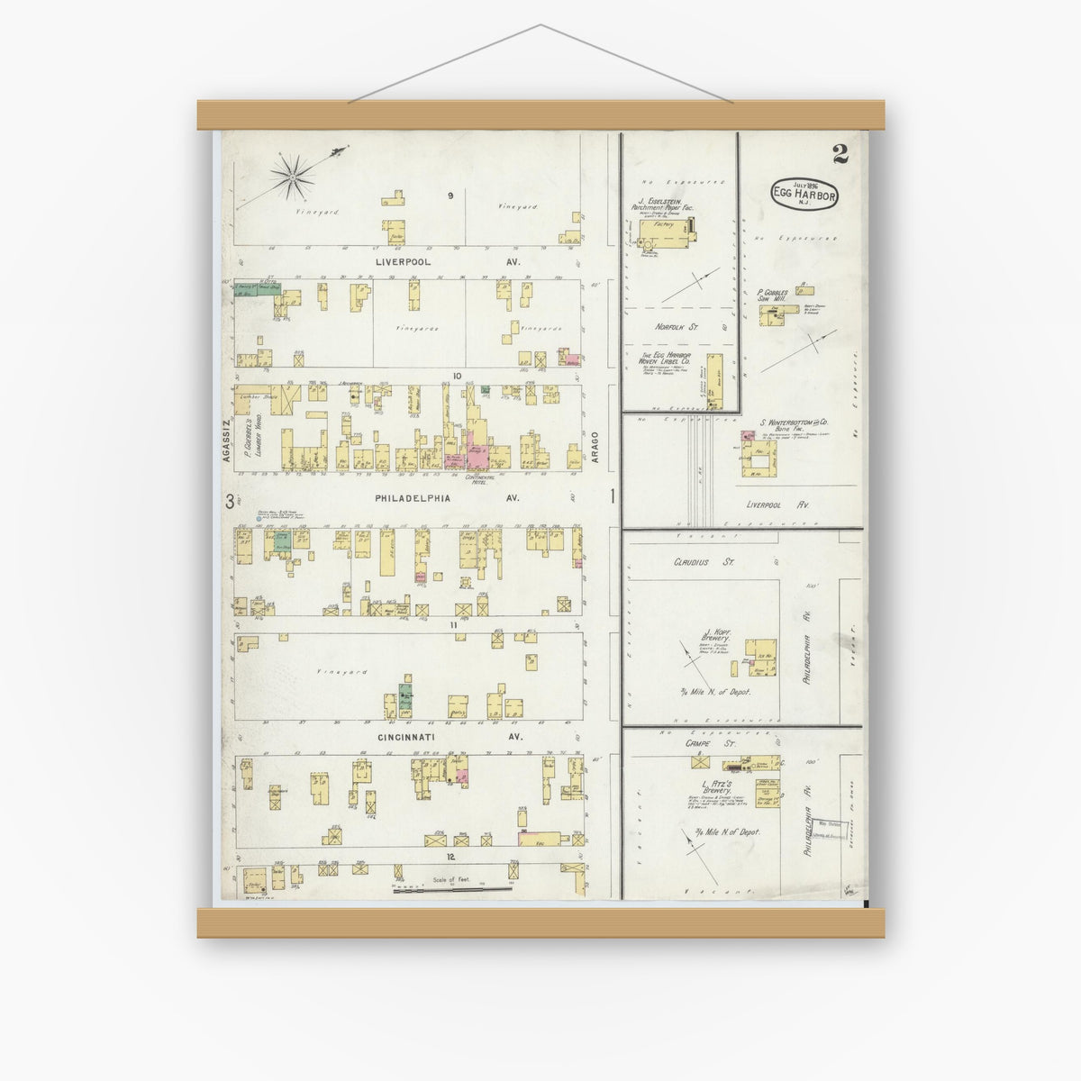 Old map wall art mockup — magnetic wood frame on white wall — Sanborn Fire Insurance Map from Egg Harbor City, Atlantic County, New Jersey (1896), Sheet #0002