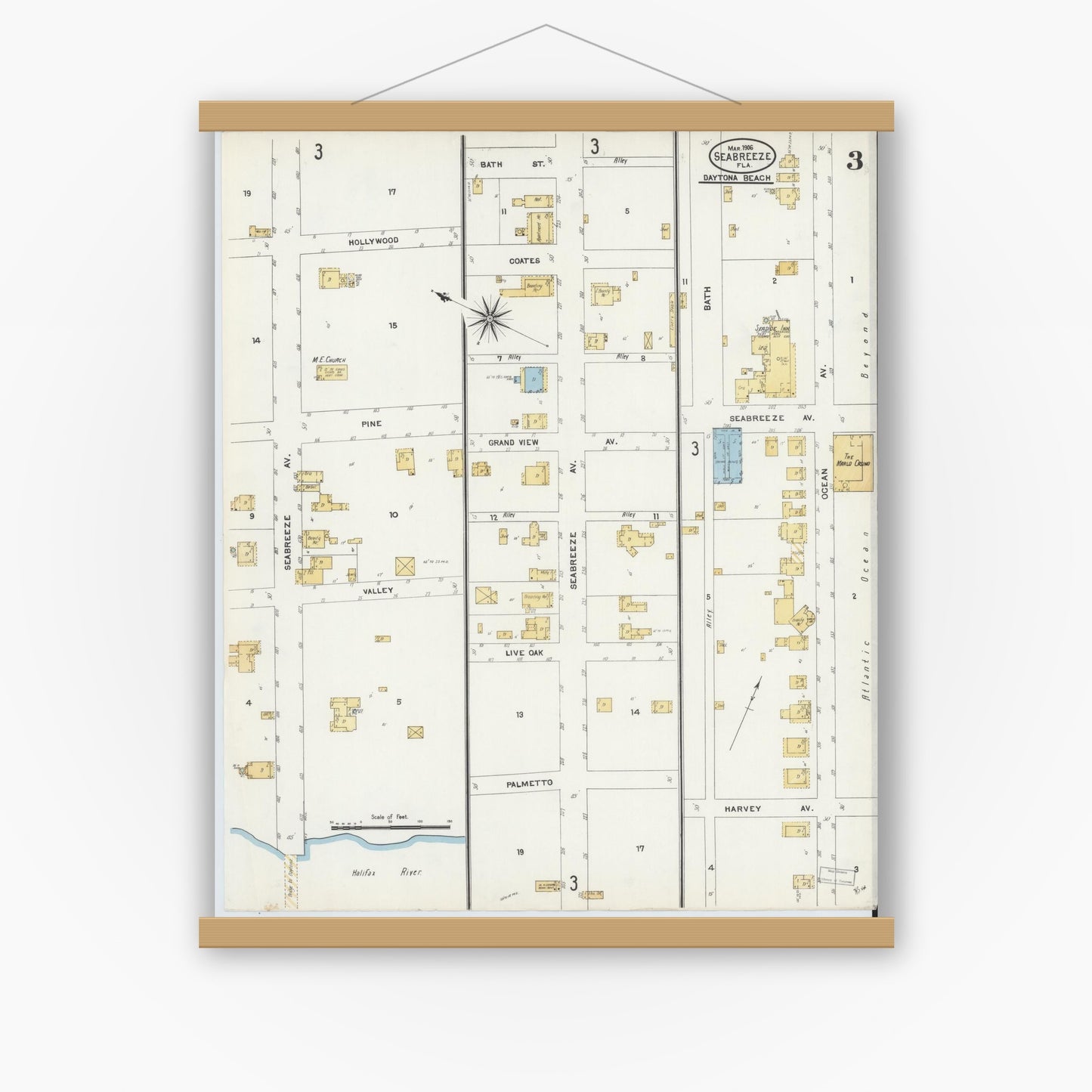 Old map wall art mockup — magnetic wood frame on white wall — Sanborn Fire Insurance Map from Seabreeze, Volusia County, Florida (1906), Sheet #0003